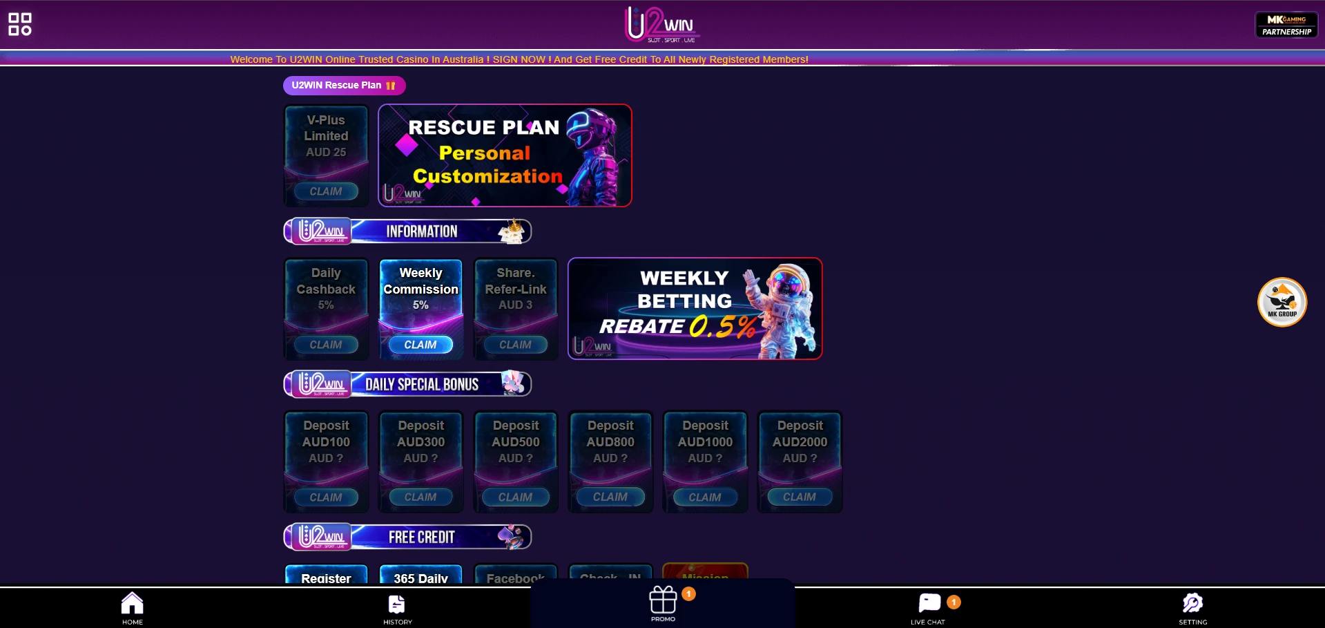 U2Win promotions page for new members