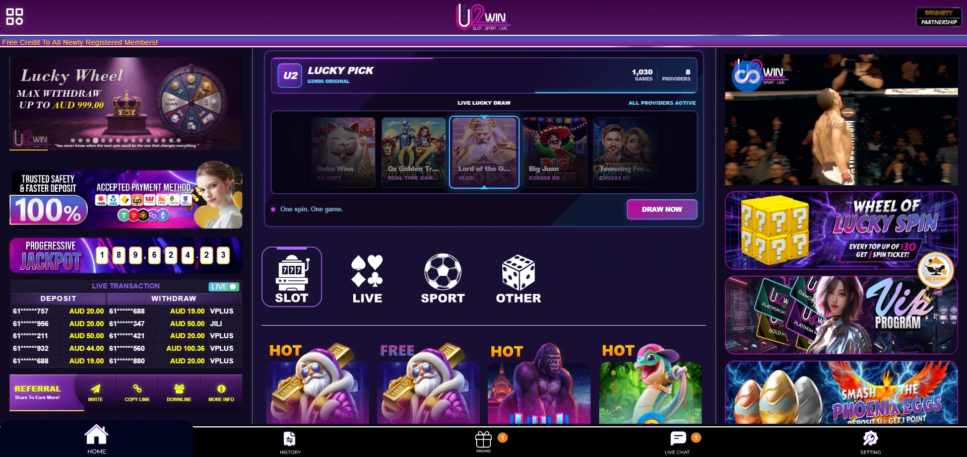U2Win home page seen on a first visit