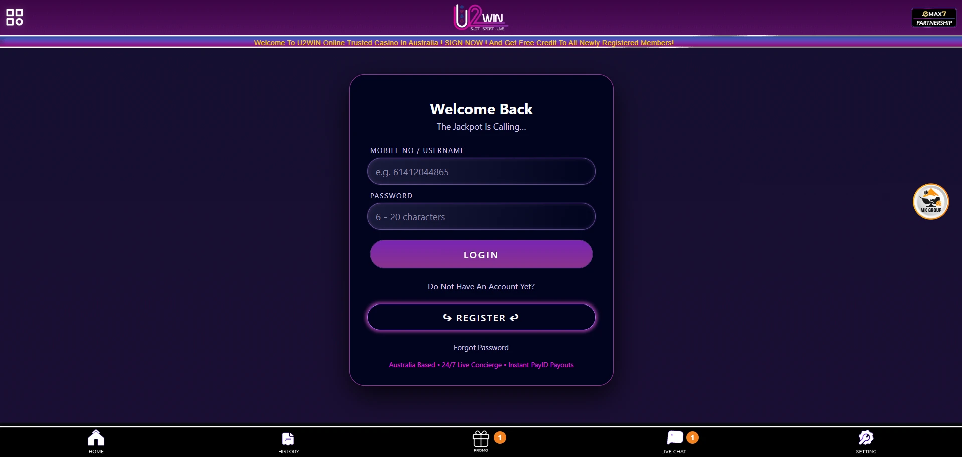 U2Win login form